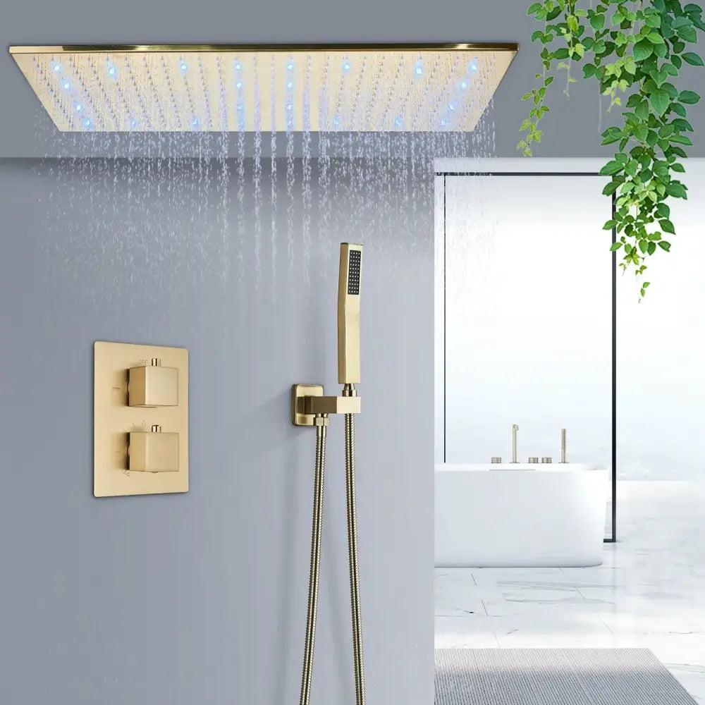 Brushed gold led rainfall shower faucet set with gold-finished rectangular rain shower head and integrated led lighting