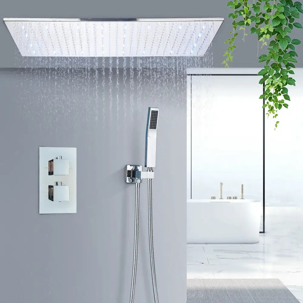 Modern chrome-finished rectangular rain shower head with integrated led lighting in brushed gold shower faucet set for bathroom