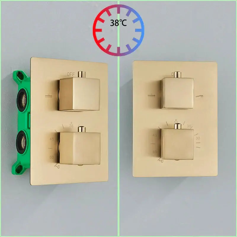 Modern brushed brass wall-mounted dual-handle shower faucet set with integrated flow and temperature controls for bathroom