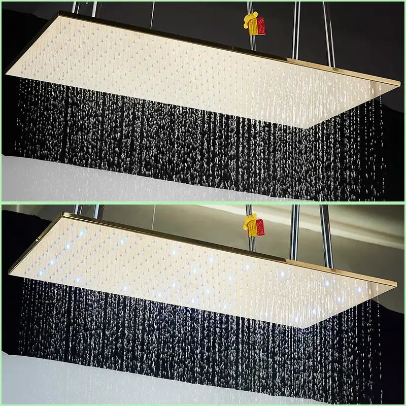 Brushed gold led rainfall shower faucet set with rectangular metallic shower faucet and cascading water streams