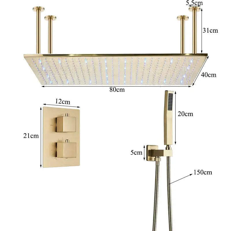 Brushed gold led rainfall shower faucet set featuring a gold-toned rectangular rain shower head with led lights and matching wall control panel