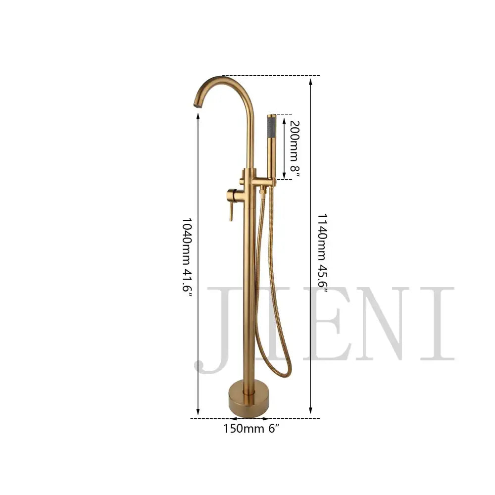Brushed gold freestanding bath mixer roman tub faucet with sleek curved spout and attached handheld showerhead