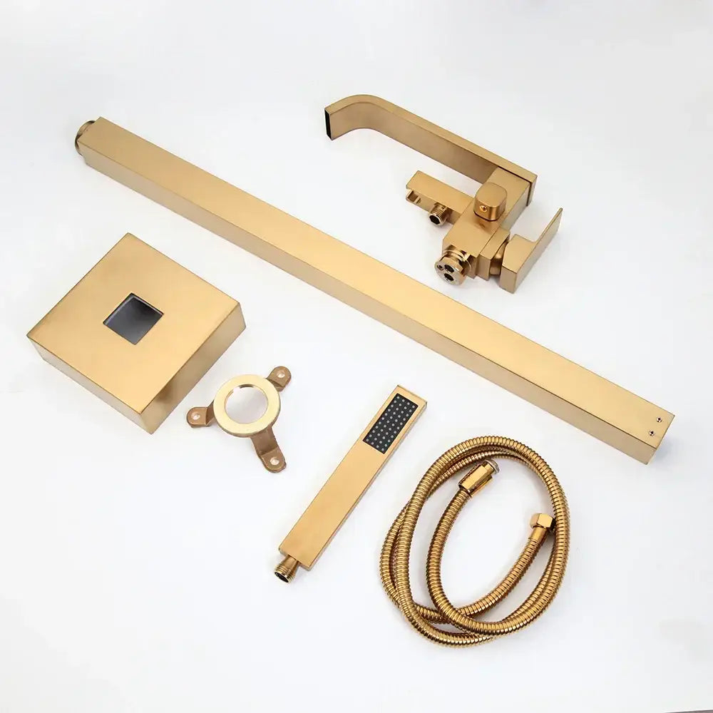 Brushed gold mixer roman tub faucet with sleek rectangular spout square escutcheon plate and handheld showerhead