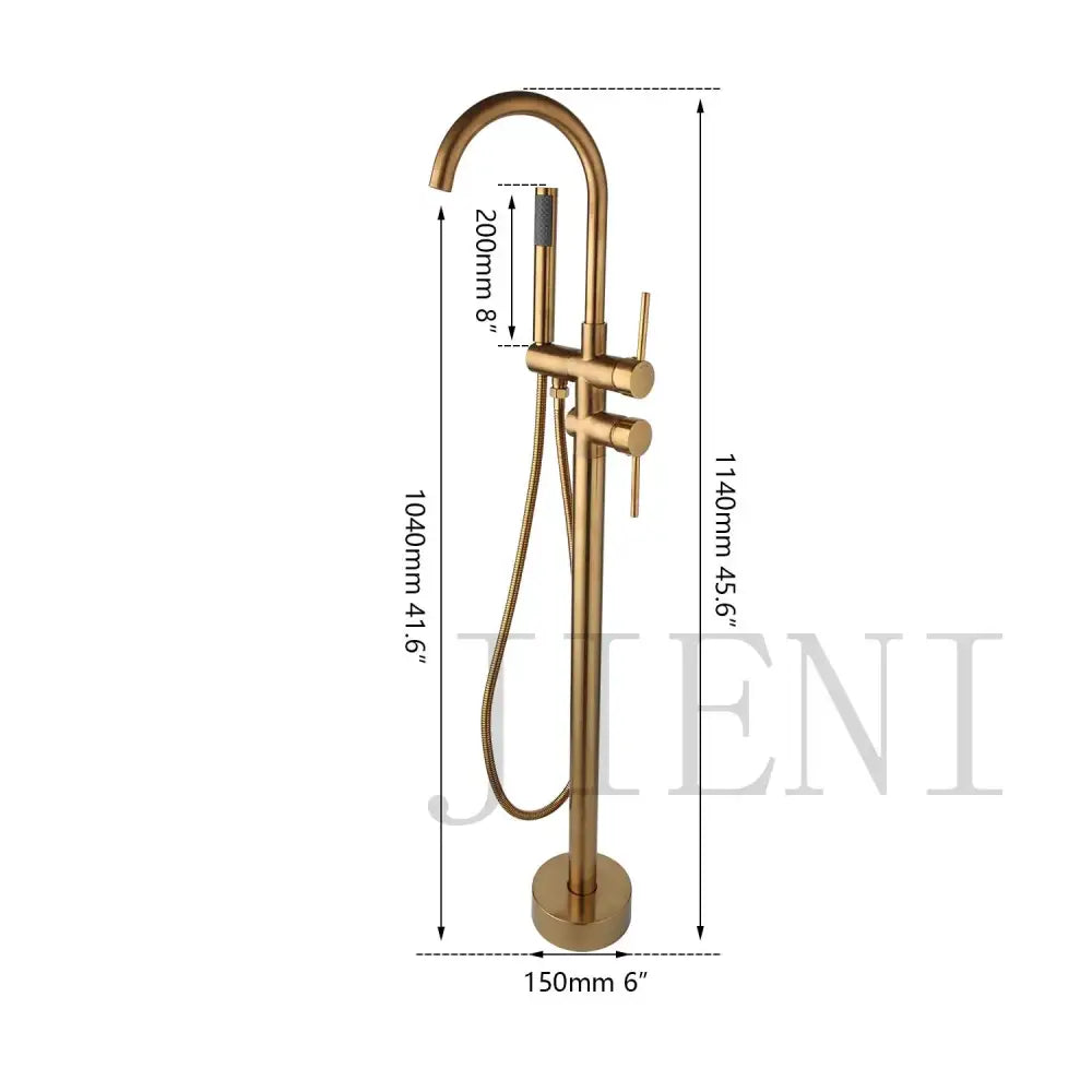 Brushed gold mixer roman tub faucet with sleek modern design and flexible hose for bathroom use