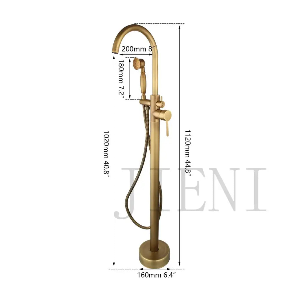 Brass-finished brushed gold mixer roman tub faucet with curved spout and handheld showerhead for bathroom use