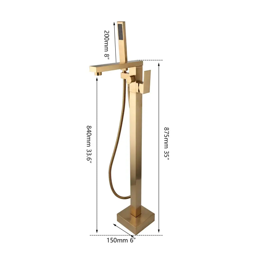 Brushed gold mixer roman tub faucet with sleek rectangular design and attached handheld shower for bathroom use