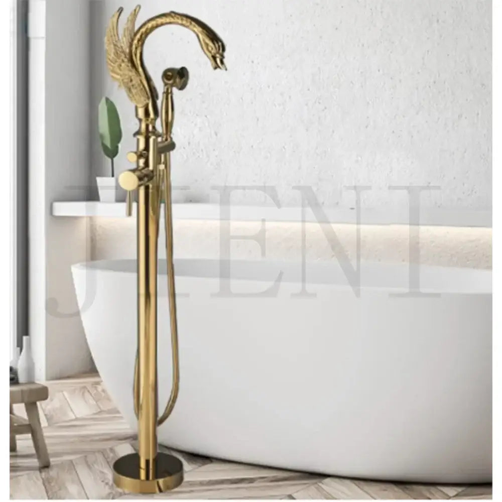 Brushed gold mixer roman tub faucet with golden dragon-themed ornate wings and detailed head design for bathroom use