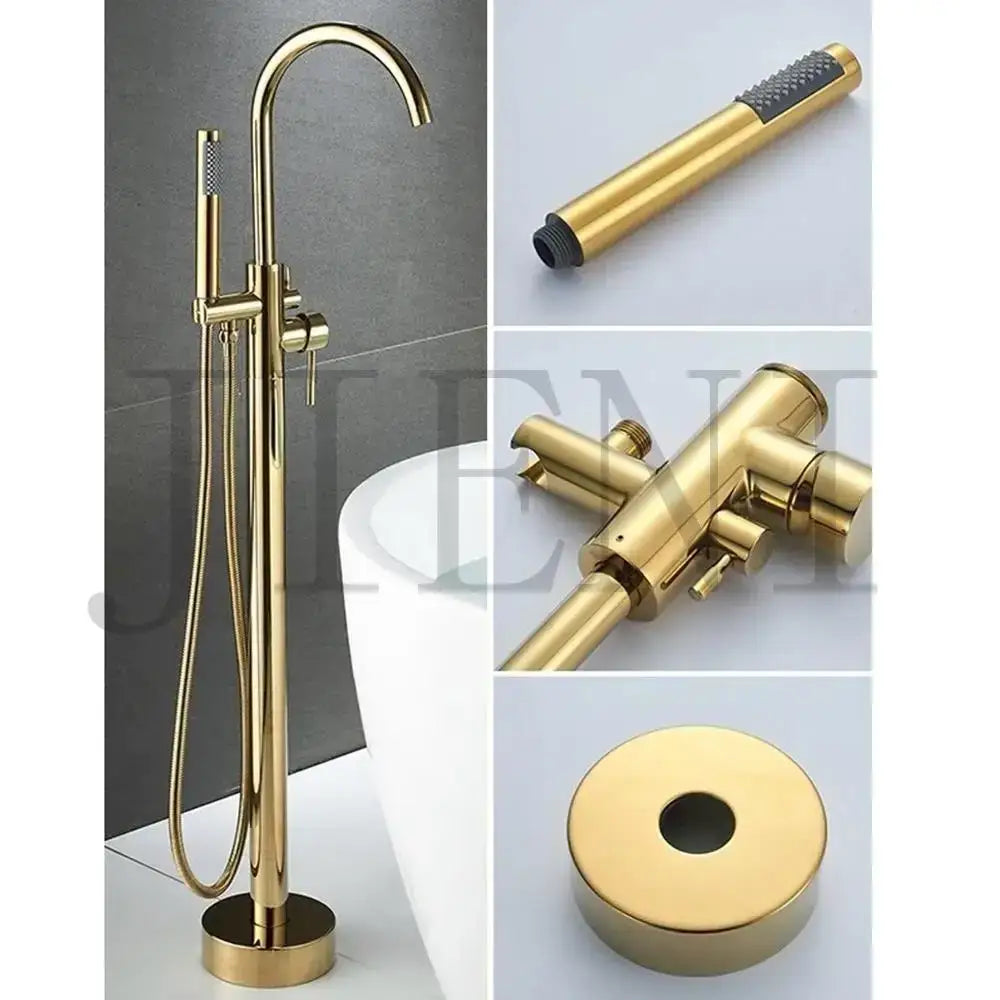 Brushed gold mixer roman tub faucet with freestanding curved spout and handheld shower for bathroom use