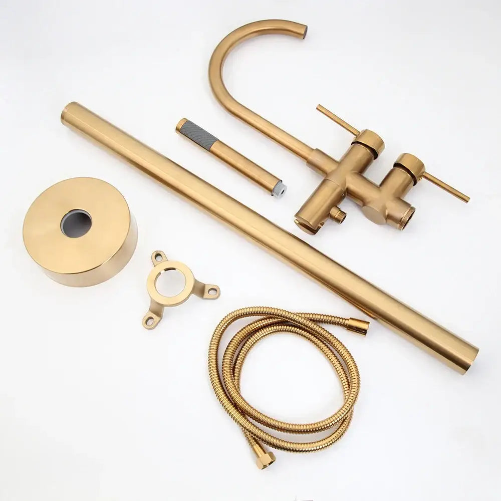 Brushed gold mixer roman tub faucet in brass with curved spout dual handles and matching flexible hose for bathroom use