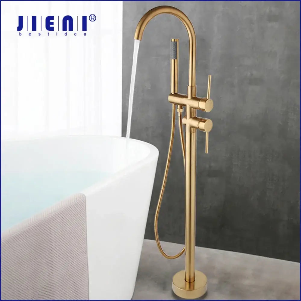 Brushed gold mixer roman tub faucet with sleek curved spout and integrated handheld showerhead in gold finish