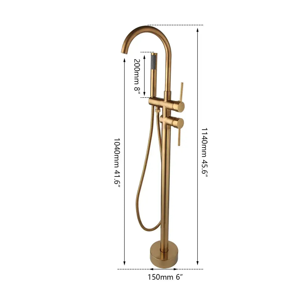 Brass-finished brushed gold mixer roman tub faucet with curved spout and two cylindrical handles for bathroom use