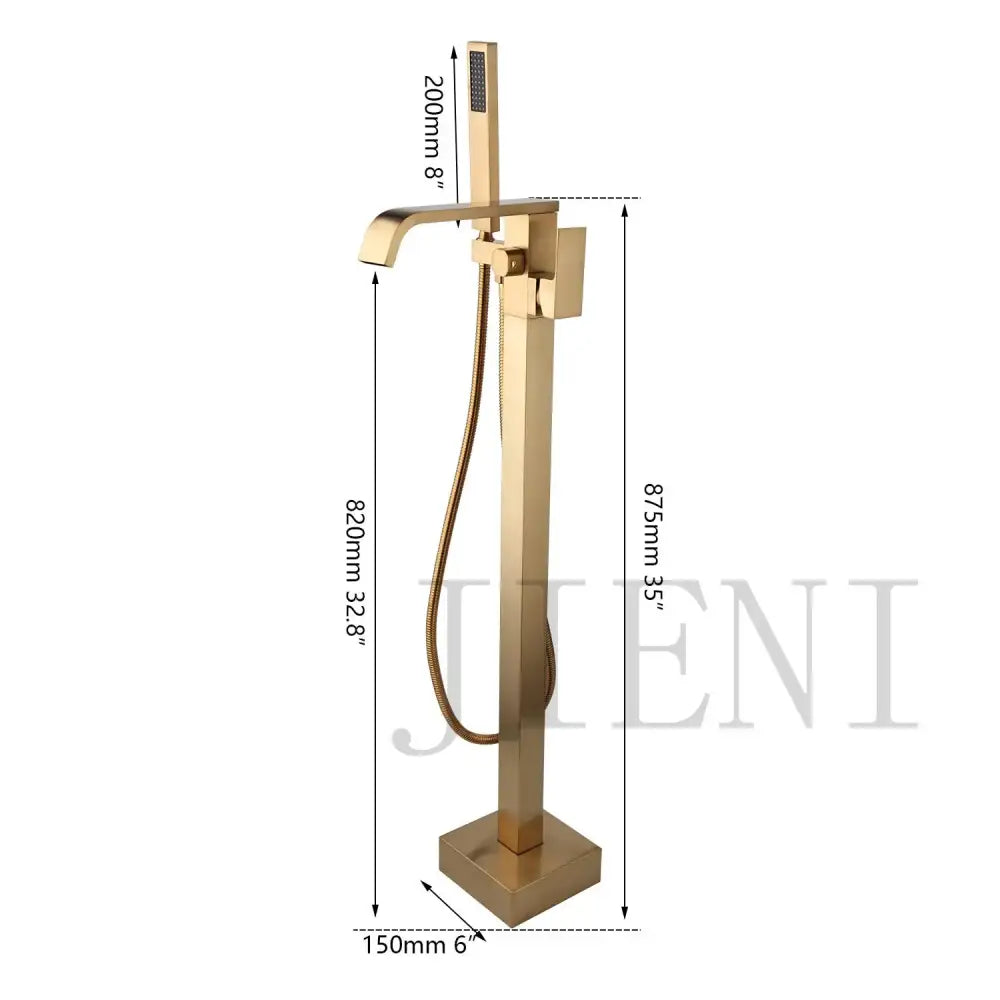 Brushed gold mixer roman tub faucet with sleek rectangular design and integrated handheld showerhead for bathroom use