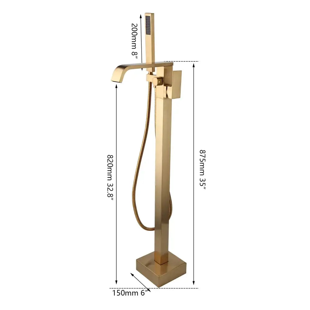 Brushed gold mixer roman tub faucet with handheld showerhead features a modern rectangular design and bath mixer roman style