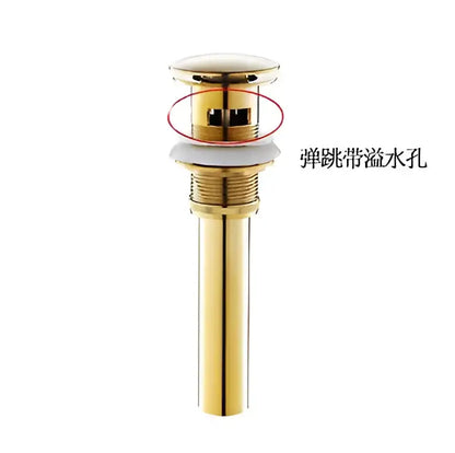 Brushed gold brass pop-up drain stopper with polished finish and sleek cylindrical design for bathroom sink drains