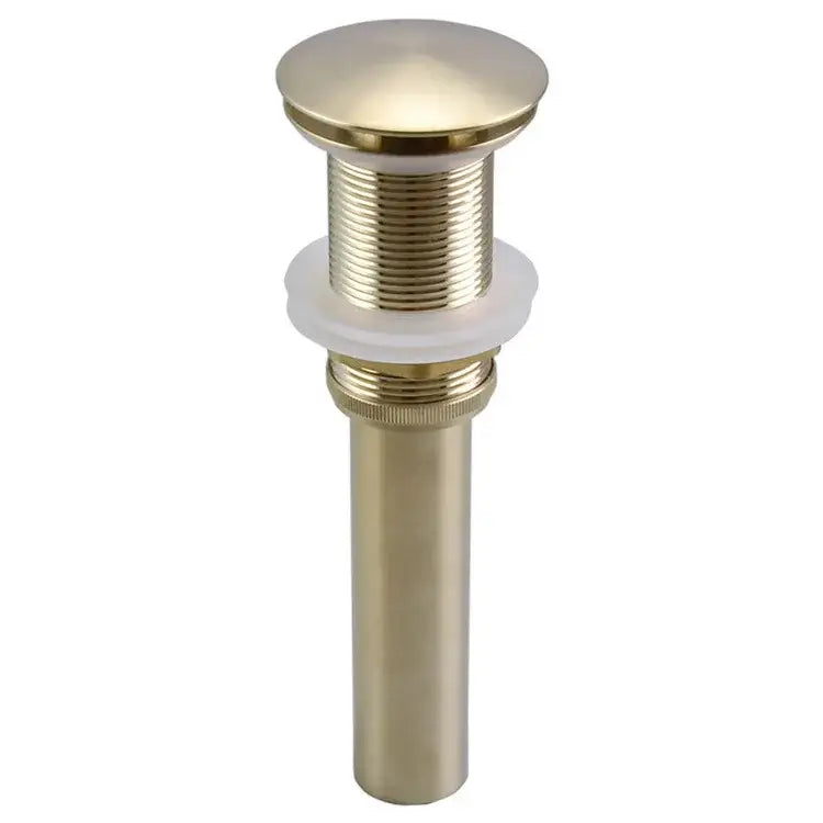 Brass-finished brushed gold pop-up drain stopper with rounded top and threaded body for bathroom sink drains