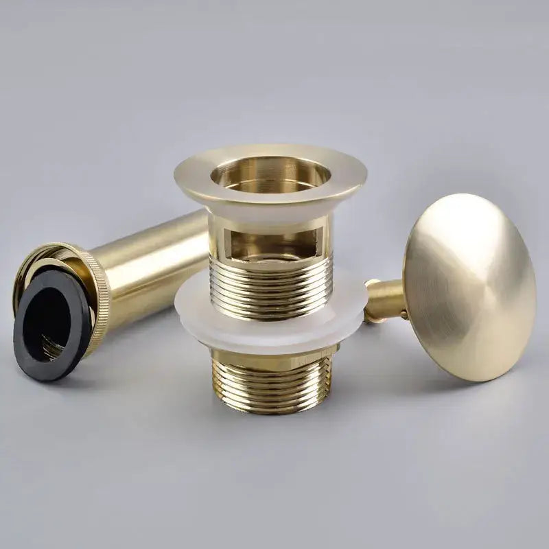 Brushed gold pop-up drain stopper 2-pack featuring brass bathroom sink drains with round polished finish and threaded connections