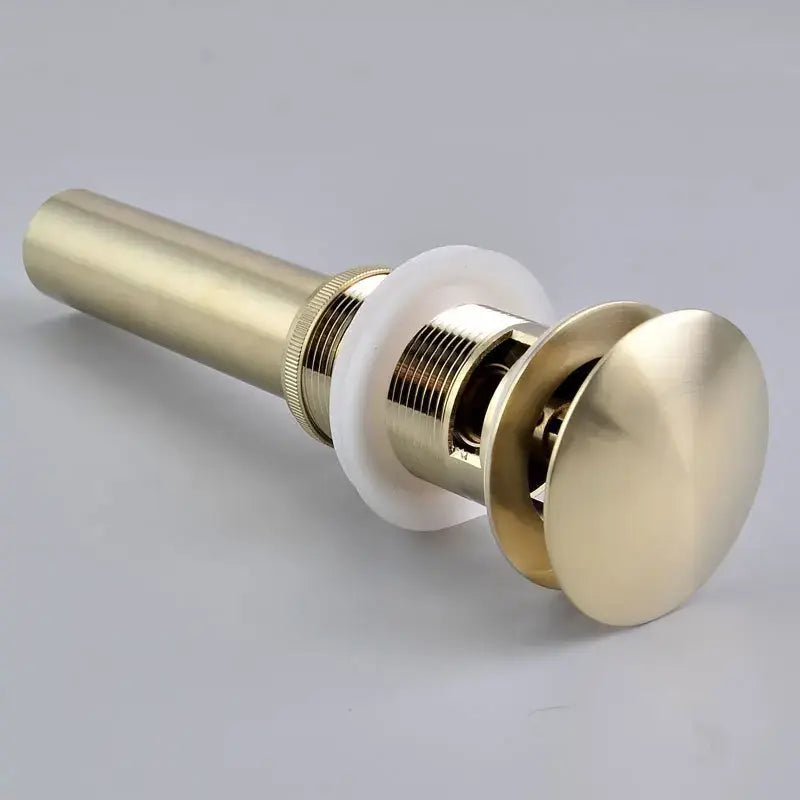 Brushed gold pop-up drain stopper 2-pack featuring gold-toned brass bathroom sink drain with white rubber seal