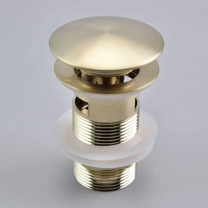 Brushed gold pop-up drain stopper 2-pack with sleek rounded top and threaded metallic base for bathroom sink drain