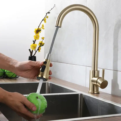 Brass-finished kitchen faucet with sleek arched spout and pull-down spray in decorbites brushed gold textured hose design