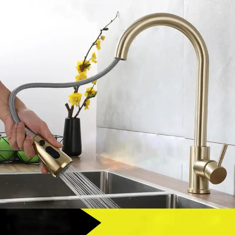 Brushed gold pull out kitchen faucet by decorbites with flexible textured hose and sleek curved spout in brass finish