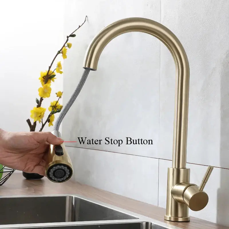 Brushed gold pull out kitchen faucet by decorbites with brass finish flexible hose and water stop button spray head