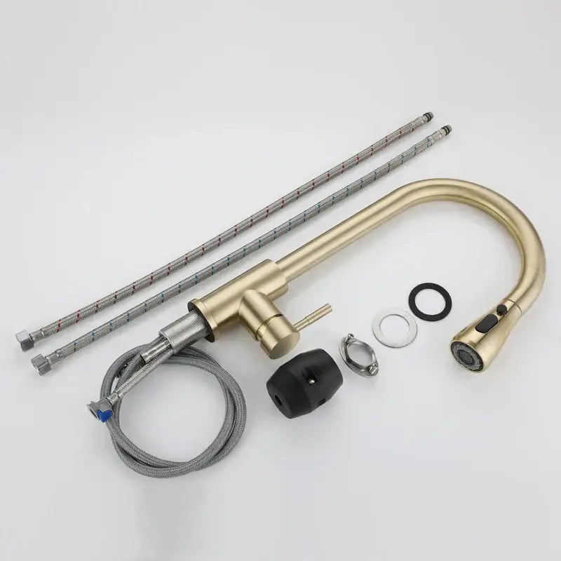 Brushed gold pull out kitchen faucet with curved spout, pull down spray head, textured hose, and flexible braided hoses by decorbites brushed gold