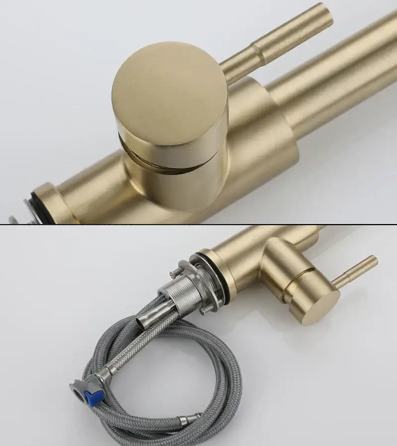 Brushed gold pull out kitchen faucet with sleek modern design and flexible textured hose by decorbites brushed gold