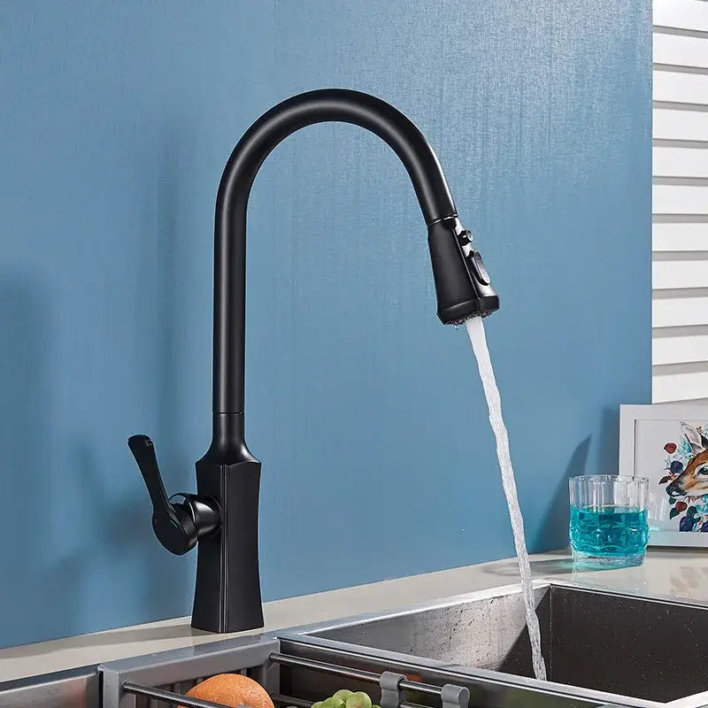 Black matte kitchen faucet with curved spout and pull-down spray head in decorbites brushed gold kitchen style