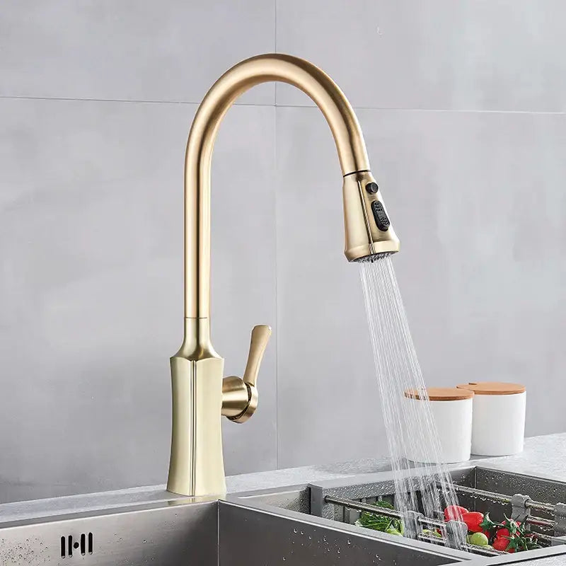 Brushed gold pull out spray kitchen faucet with sleek arched spout and decorbites brushed gold finish