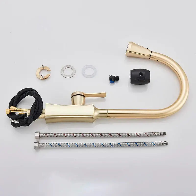 Brushed gold pull out spray kitchen faucet with sleek curved spout and integrated spray head by decorbites brushed gold