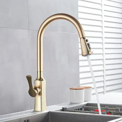 Brushed gold pull out spray kitchen faucet with sleek curved spout by decorbites for modern kitchen use