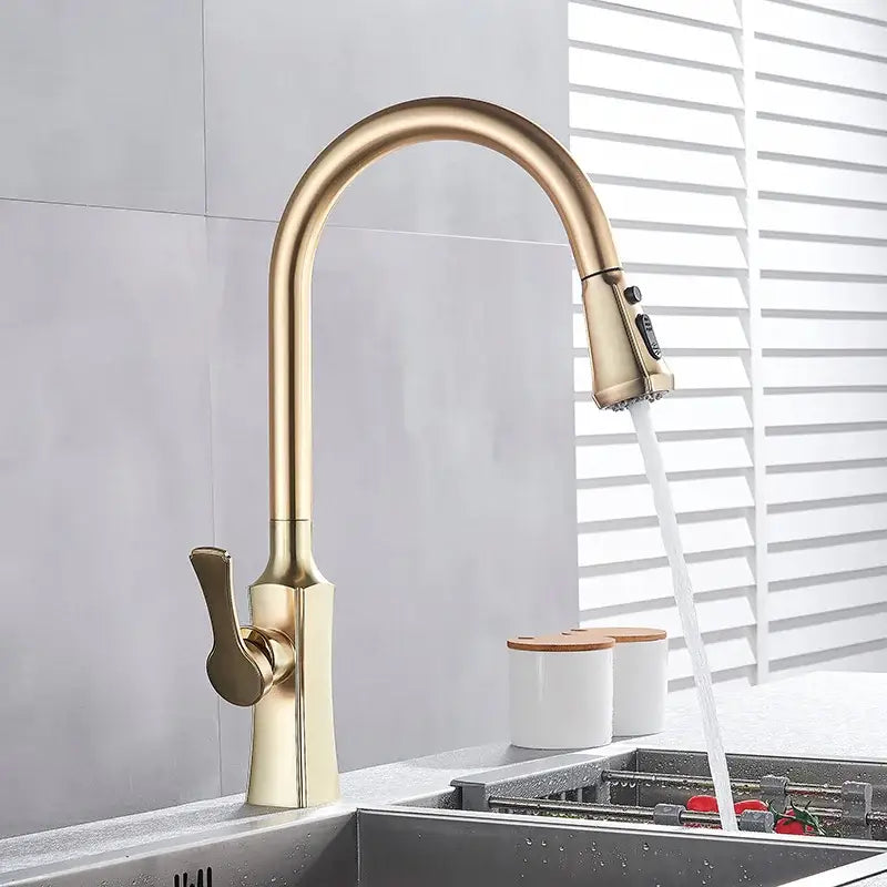Brushed gold pull out spray kitchen faucet with sleek arched spout for decorbites brushed gold kitchen design