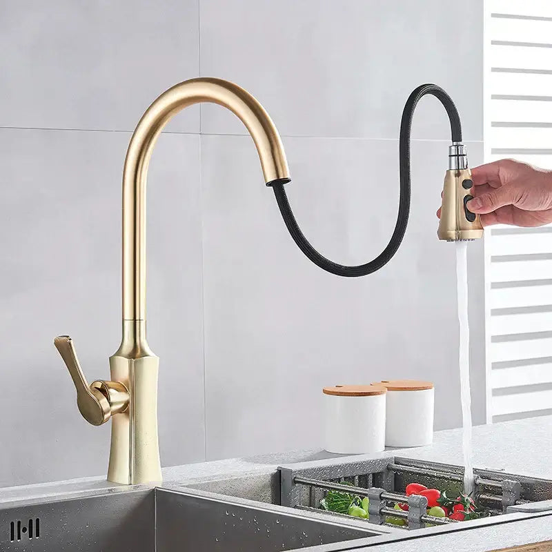 Brushed gold pull out spray kitchen faucet with sleek curved spout and flexible black hose by decorbites brushed gold