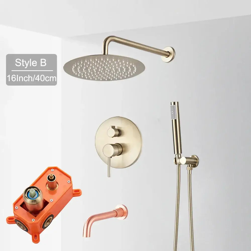 Brushed gold rainfall shower faucet set with brass-finished round showerhead and matching handheld attachment for bathroom