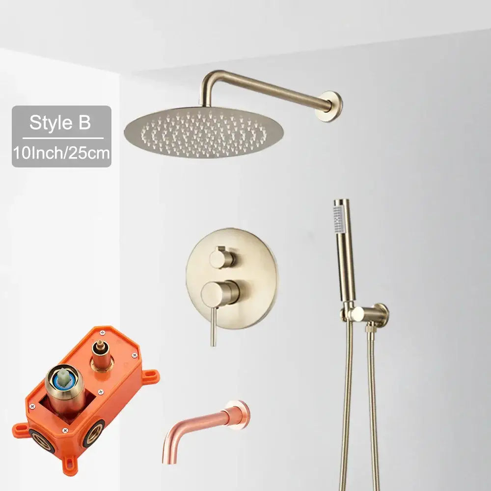 Brass-finished round rainfall shower faucet set with multiple spray nozzles and matching handheld attachment for bathroom
