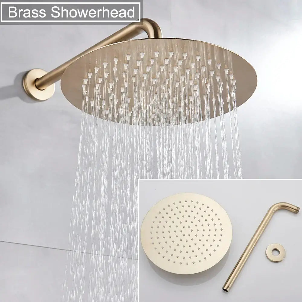 Brushed gold rainfall shower faucet set with a gold-toned brass rain-style showerhead and multiple water jets
