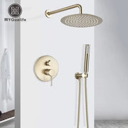 Brushed gold rainfall shower faucet set with brass-finished round shower head and matching handheld attachment