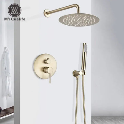 Brushed gold rainfall shower faucet set with brass-finished round shower head and matching handheld attachment