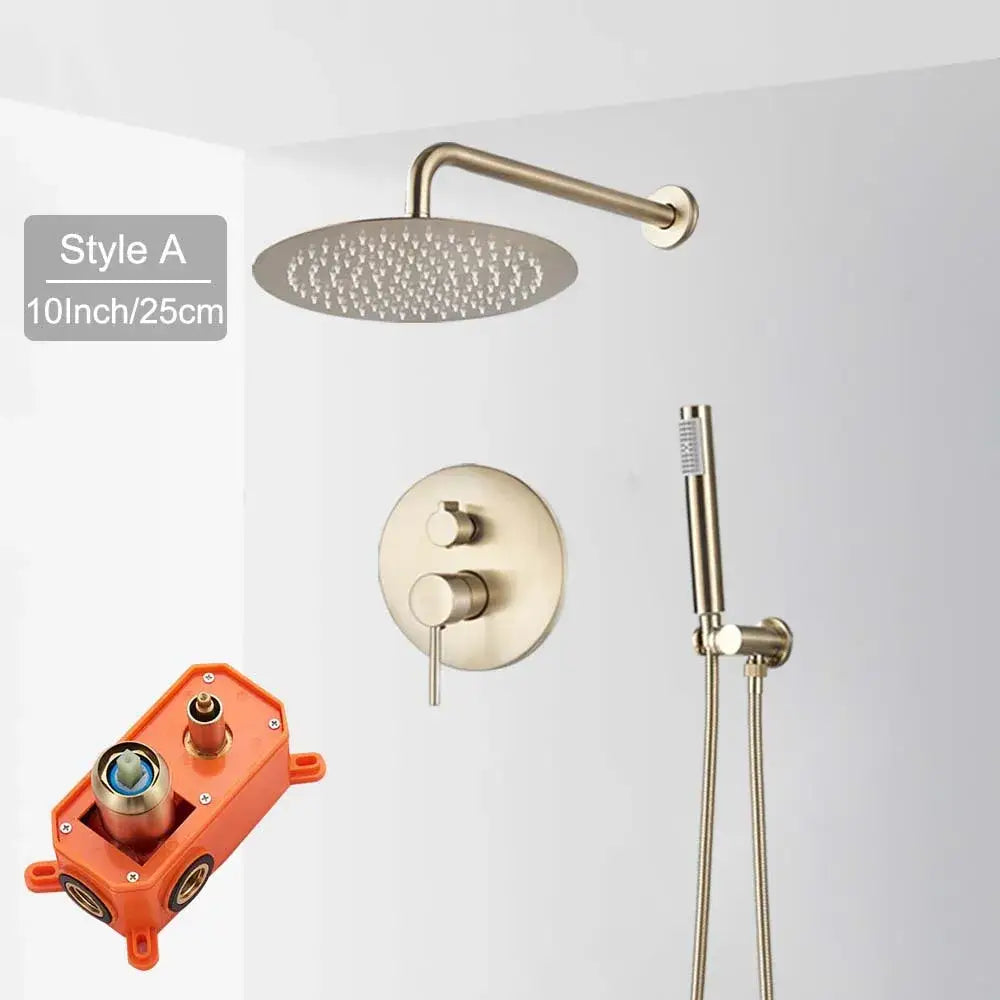 Brass-finished round showerhead with multiple spray nozzles in a brushed gold rainfall shower faucet set for bathroom