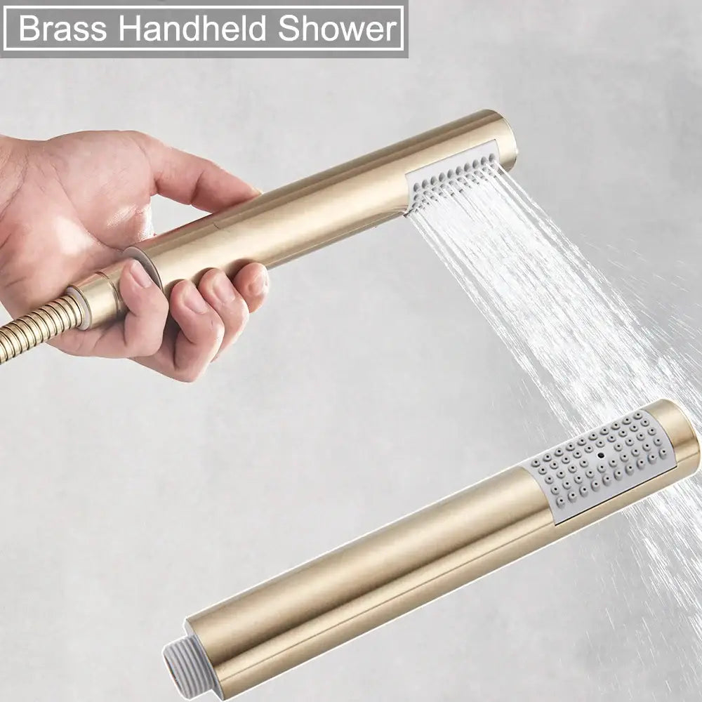 Brushed gold rainfall shower faucet set with gold-toned brass handheld shower faucet featuring textured nozzles