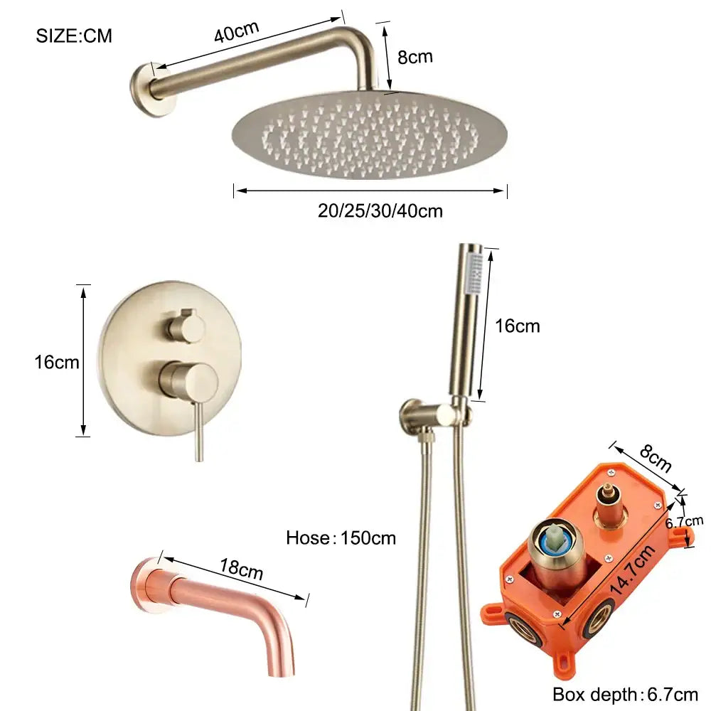 Modern brushed nickel showerhead with circular design and multiple nozzles in brushed gold rainfall shower faucet set