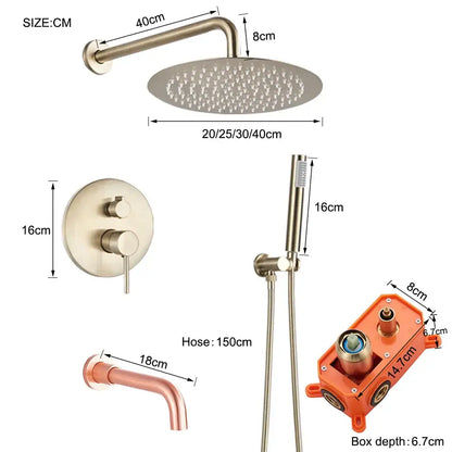 Modern brushed nickel showerhead with circular design and multiple nozzles in brushed gold rainfall shower faucet set