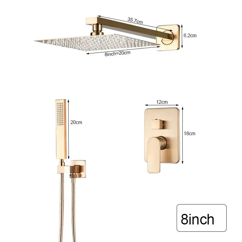 Brushed gold shower faucet with gold-toned square rainfall showerhead featuring hammered finish and wall mount decorbites brushed gold