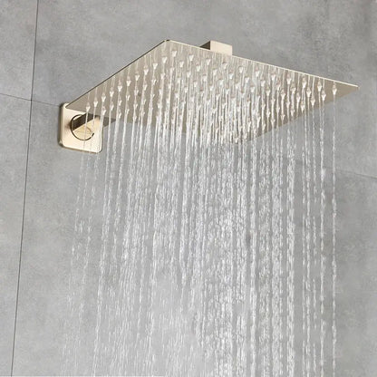 Square-shaped brushed gold shower faucet with multiple water streams and decorbites brushed gold finish rainfall design