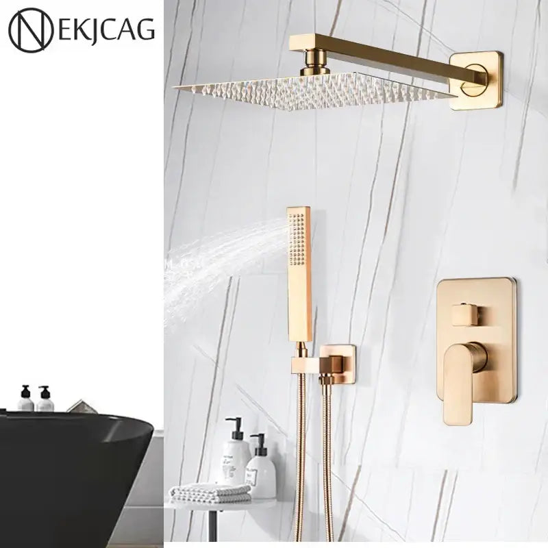 Brushed gold shower faucet by decorbites with rectangular rainhead handheld sprayer and wall-mounted valve