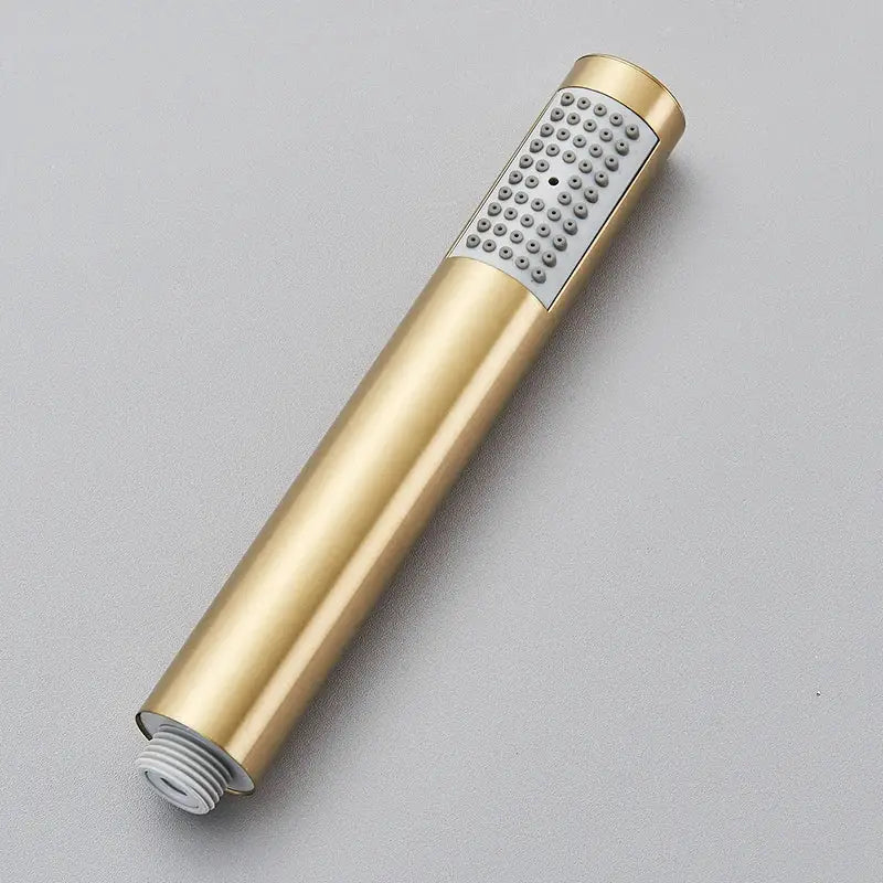 Brushed gold round hand shower with gold-colored cylindrical nozzle and rectangular panel of small spray nozzles decorbites brushed gold