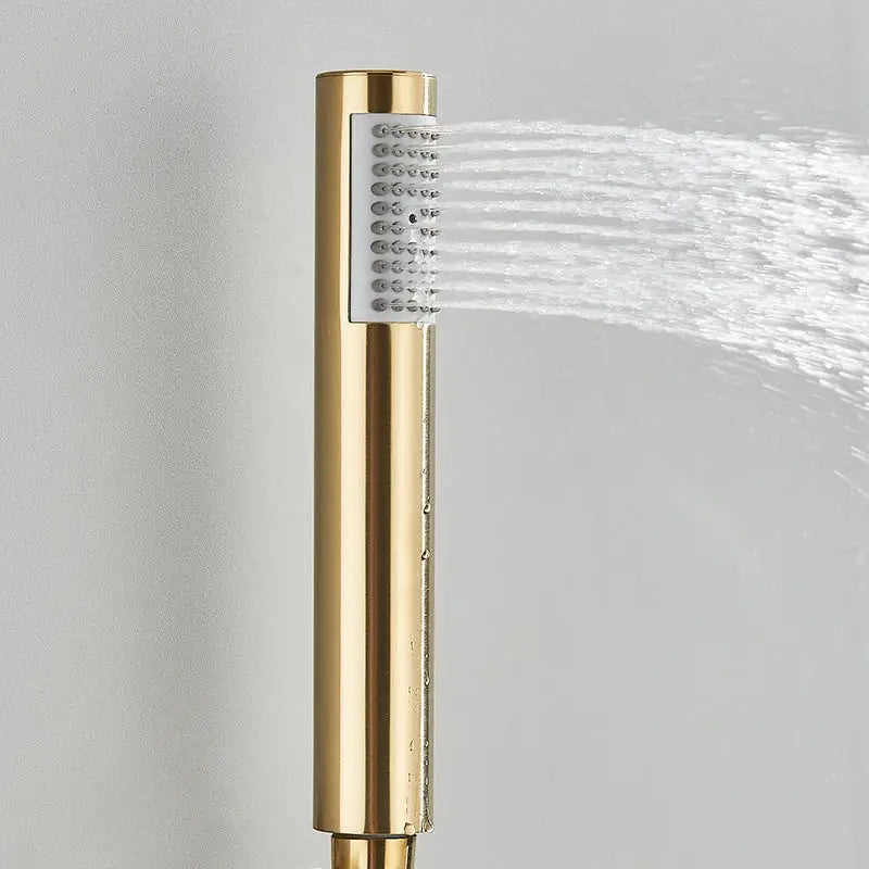 Brushed gold round hand shower with sleek rectangular nozzle panel featuring multiple water-emitting nozzles decorbites brushed gold
