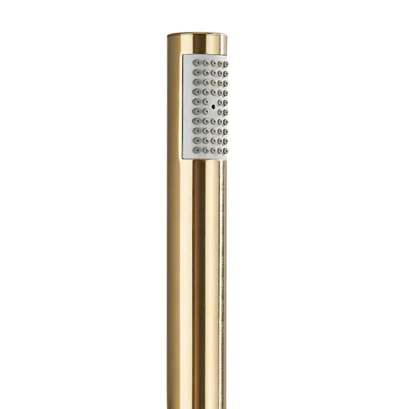 Brushed gold round hand shower with sleek gold handheld nozzle and white panel featuring small circular nozzles by decorbites