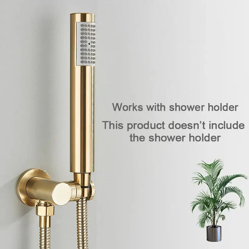 Brushed gold round hand shower with a sleek rectangular spray face and textured grip by decorbites brushed gold