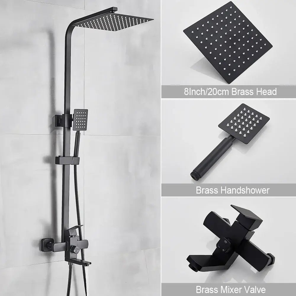 Black matte brass shower mixer with square rainhead handheld spray complementing decorbites brushed gold style